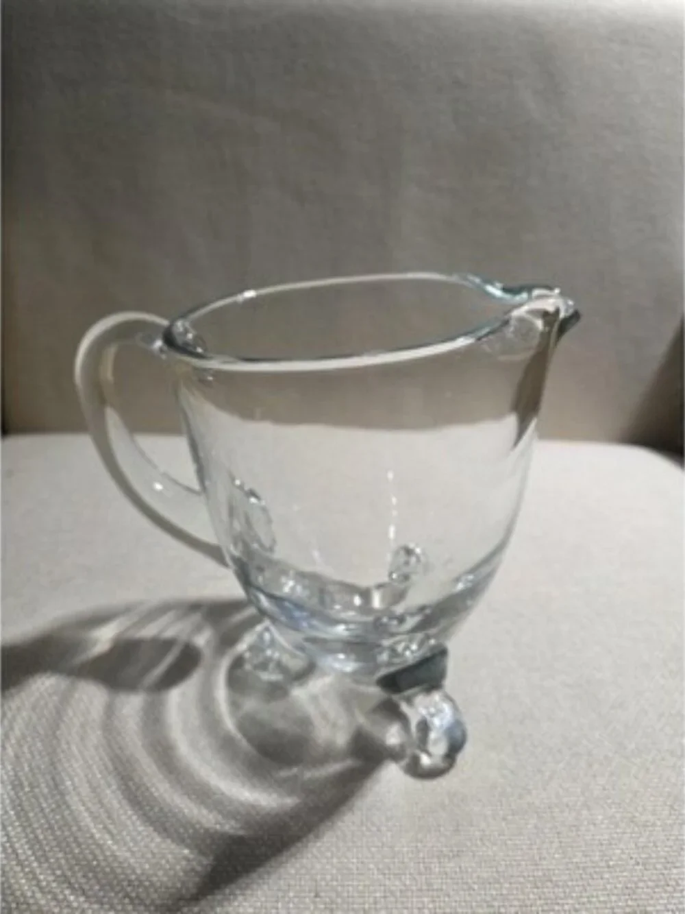 Clear Crystal Hand Blown Pitcher with Handle and Decorative Feet, 6 inches tall